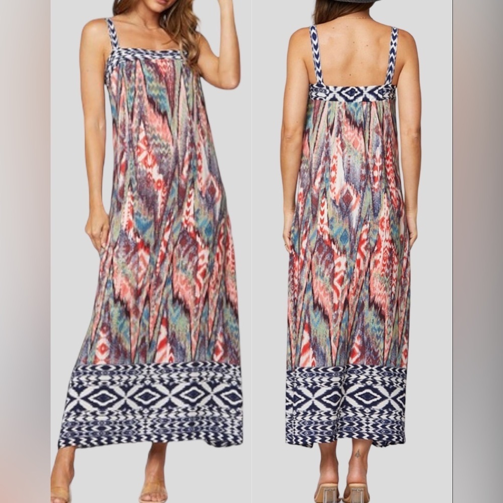 3-Pack Aztec Print Square Neck Maxi Dress / Beachy/ Summer Vacation